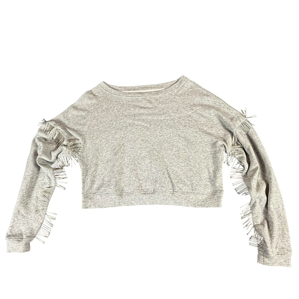 BLANKNYC Shirt Womens XS Gray Beaded Fringe Cropped Boat Neck Long Sleeve